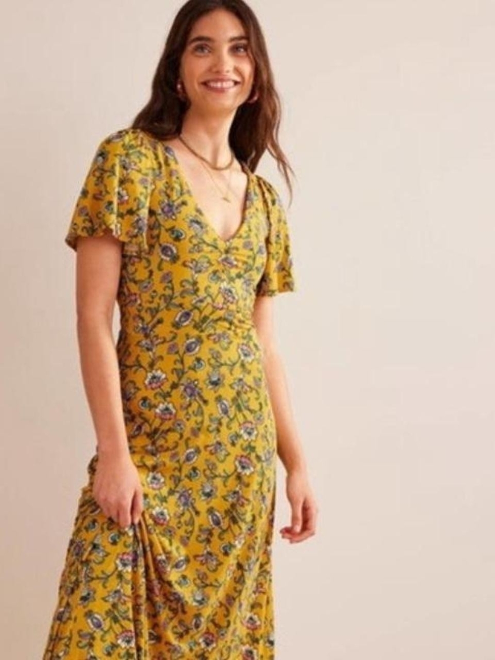 Boden Yellow Floral V-Neck Short Sleeve Maxi Dress